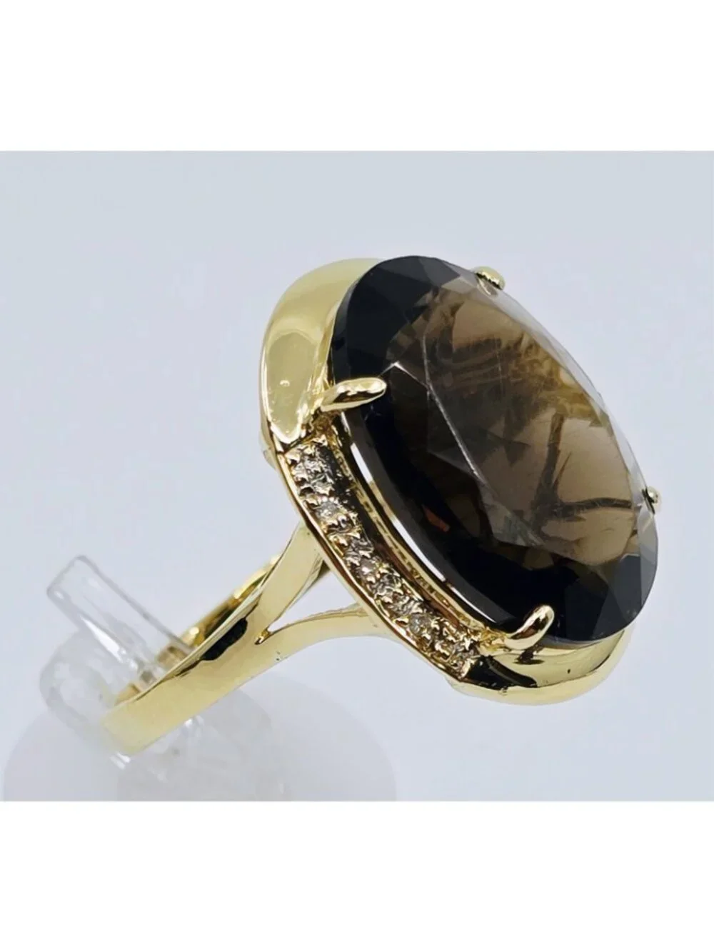 Elegant Large 14K Yellow Gold Designer Smoky Quartz & Diamond Ring - Size 10